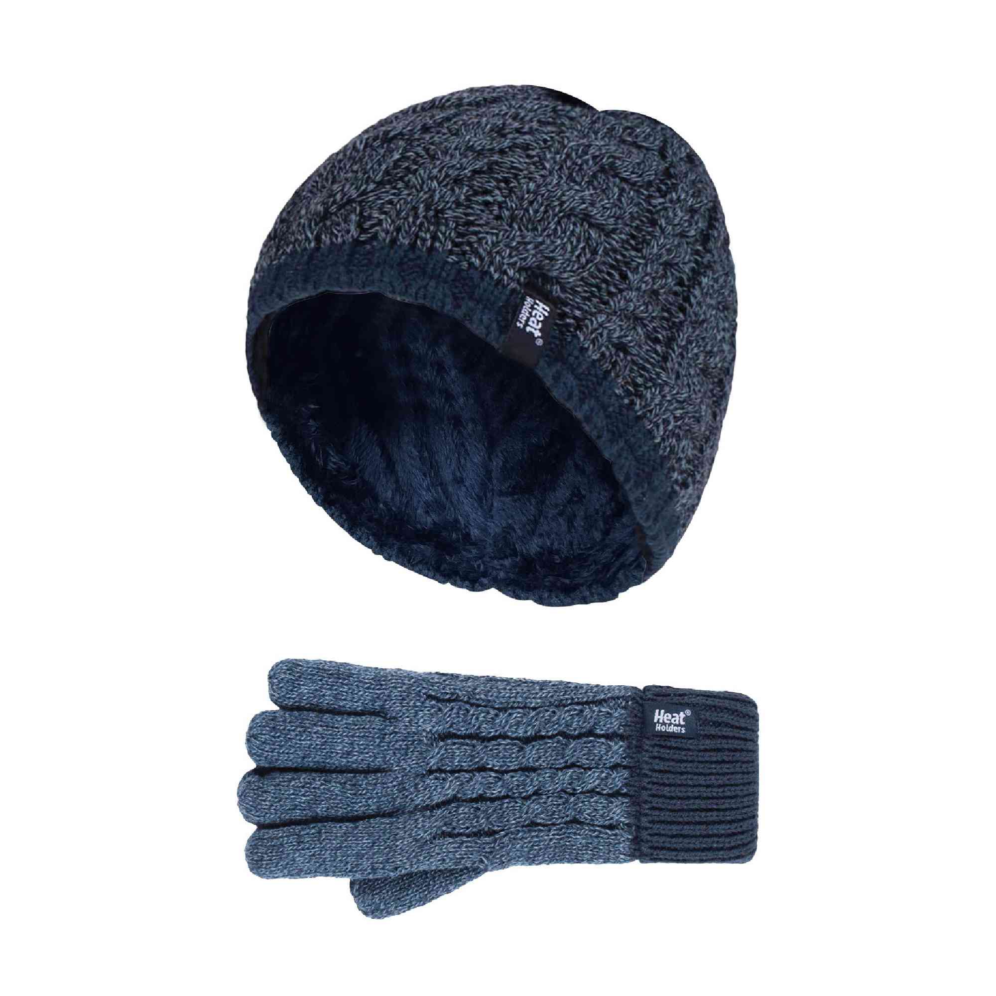Boys Kids Cable Knit Warm Fleece Lined Thermal Winter Hat & Gloves Set - Image 5