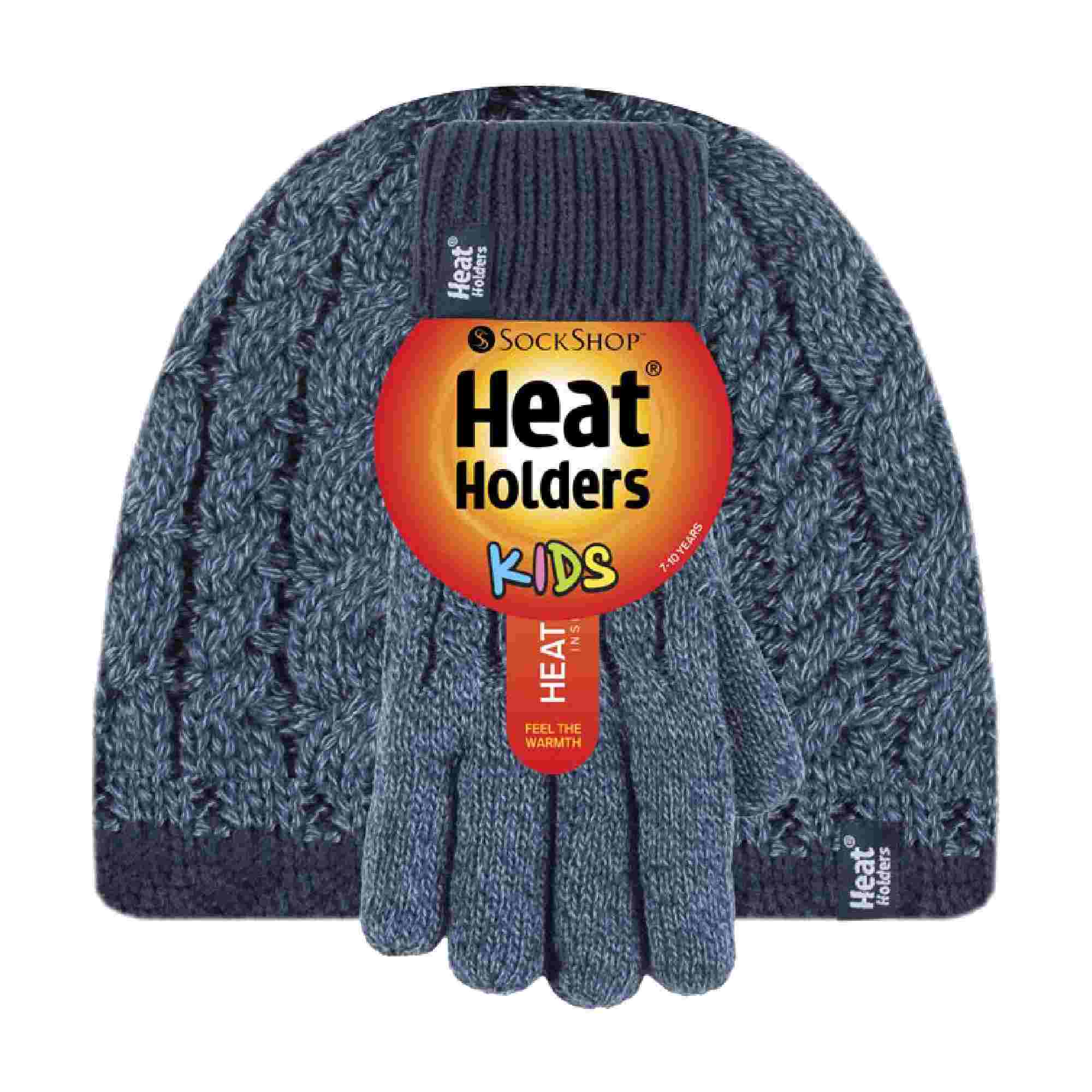 Boys Kids Cable Knit Warm Fleece Lined Thermal Winter Hat & Gloves Set - Image 6