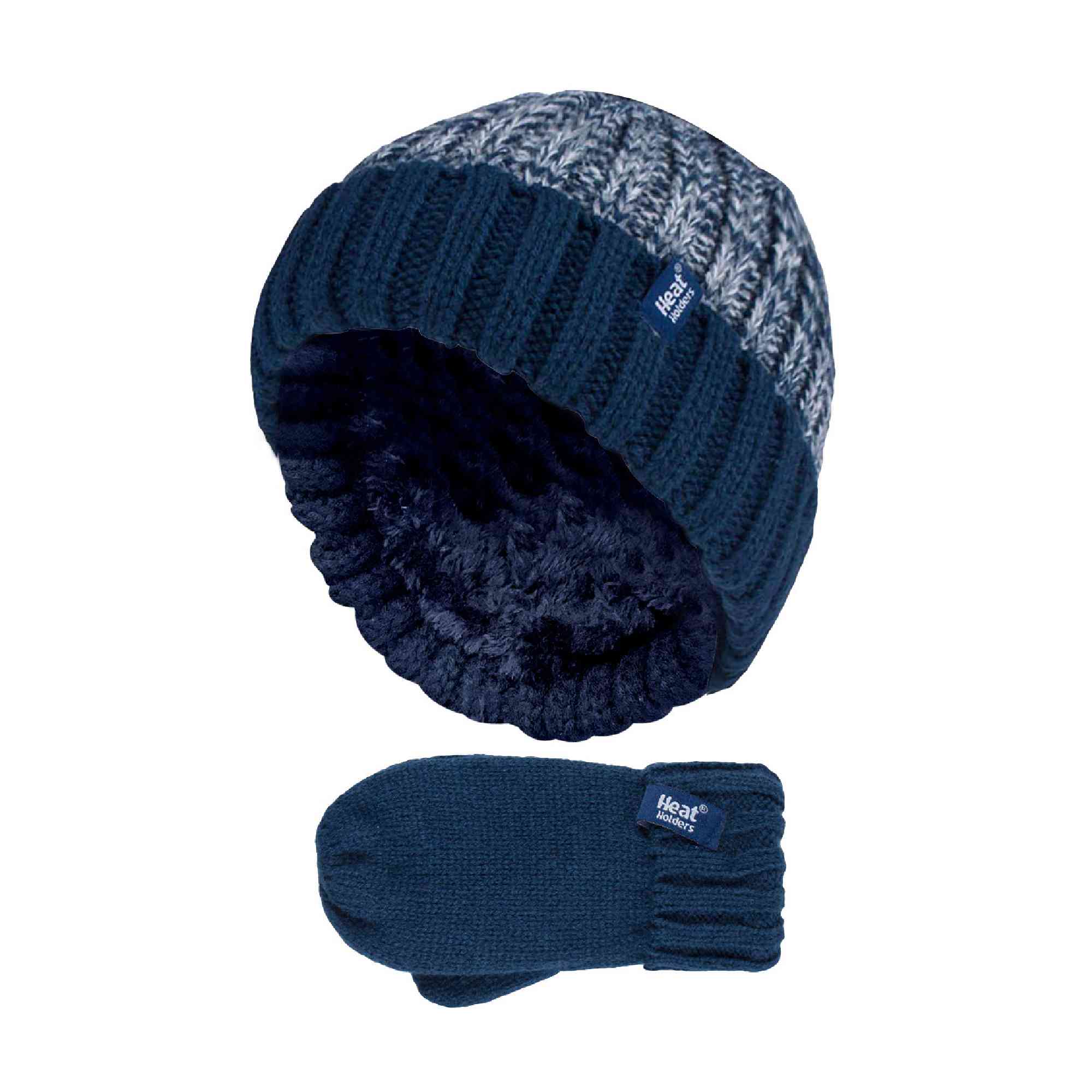 Kids Boys Winter Knitted Thermal Fleece Lined Cuffed Beanie Hat & Mittens Set - Image 13