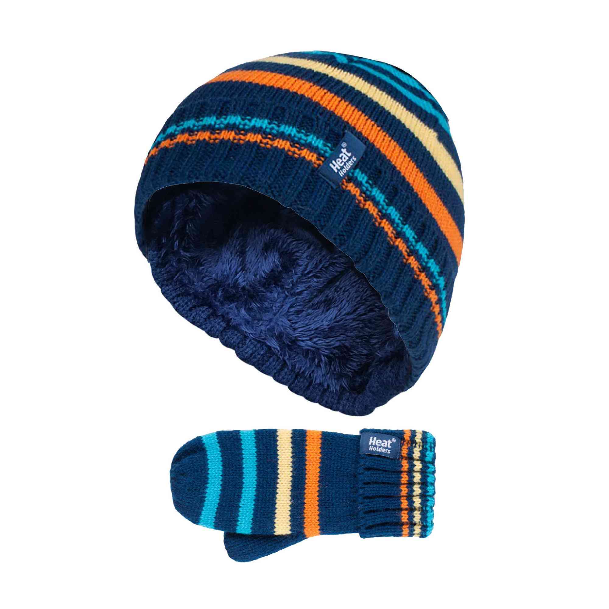 Kids Boys Winter Knitted Thermal Fleece Lined Cuffed Beanie Hat & Mittens Set - Image 5