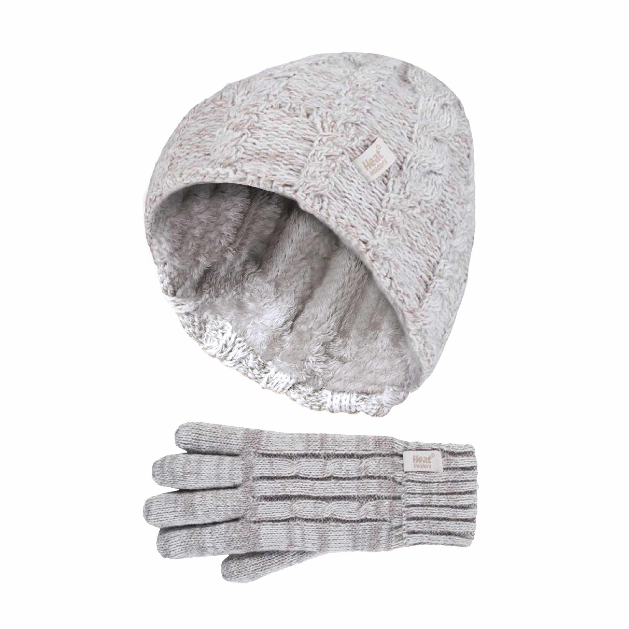 Kids Girls Cable Knitted Warm Fleece Lined Winter Hat & Gloves Set - Image 5