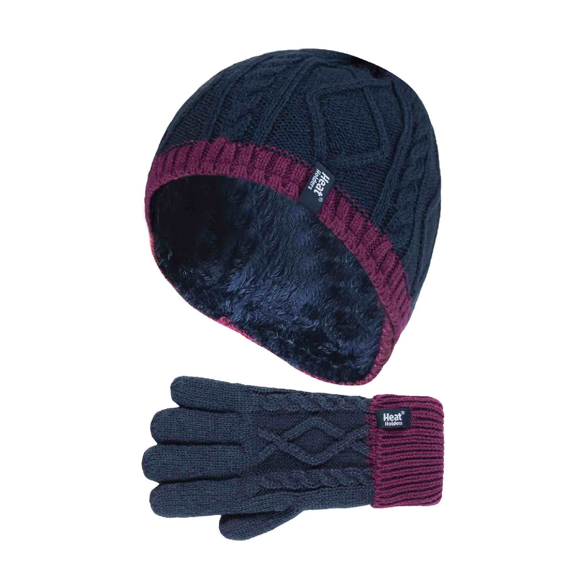 Kids Girls Cable Knitted Warm Fleece Lined Winter Hat & Gloves Set - Image 9