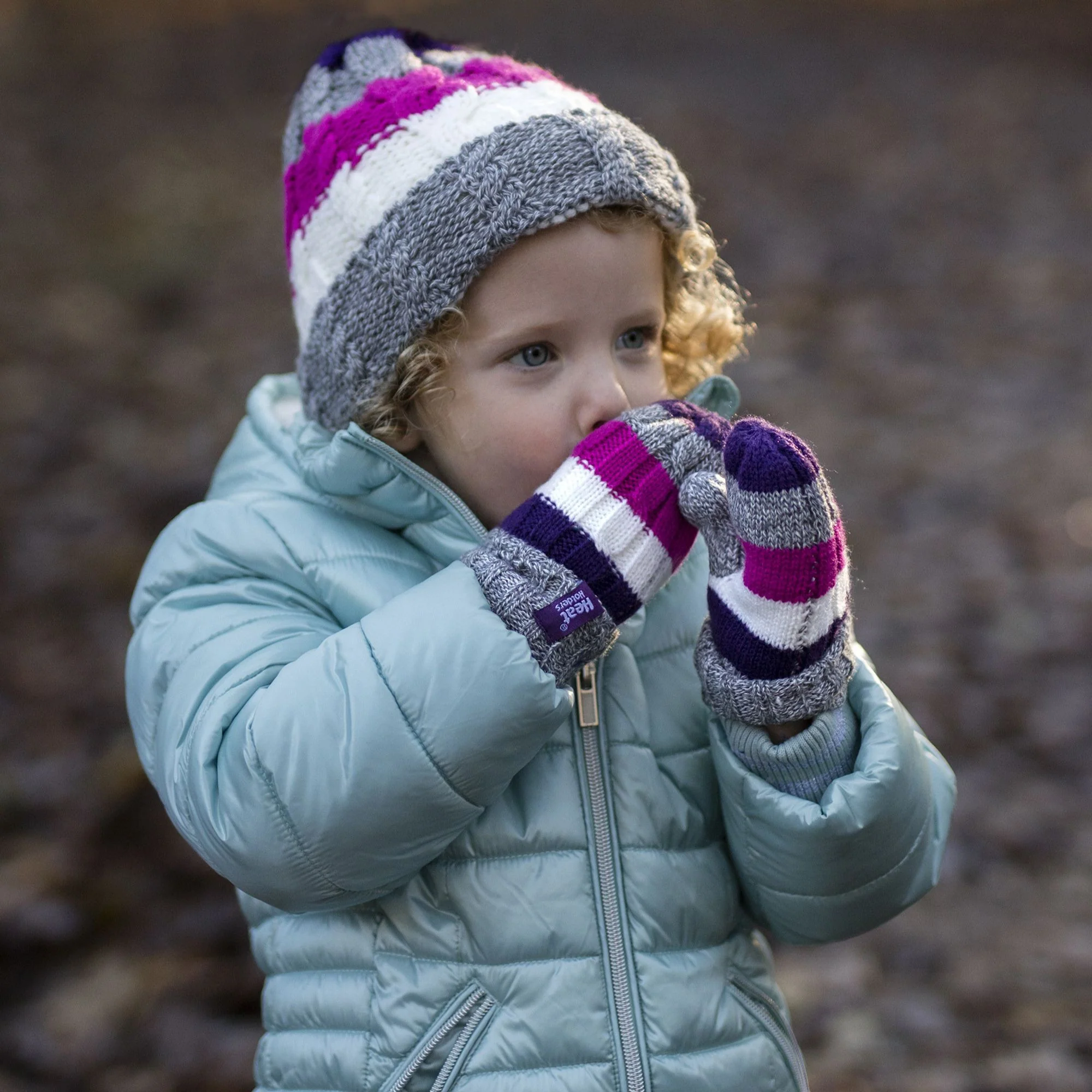 Kids Fleece Lined Knitted Striped Colourful Winter Thermal Hat & Mittens Set - Image 11