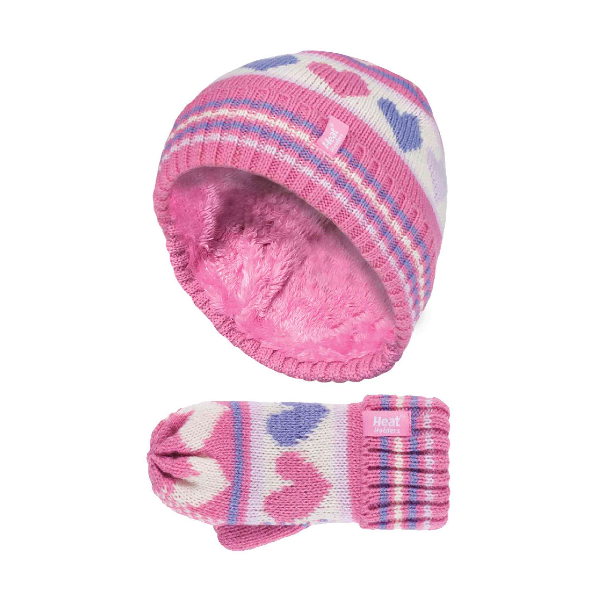 Kids Fleece Lined Knitted Striped Colourful Winter Thermal Hat & Mittens Set - Image 13