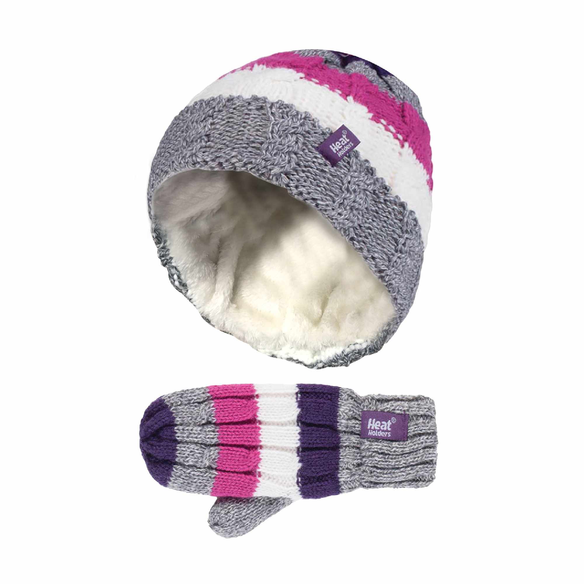 Kids Fleece Lined Knitted Striped Colourful Winter Thermal Hat & Mittens Set - Image 5