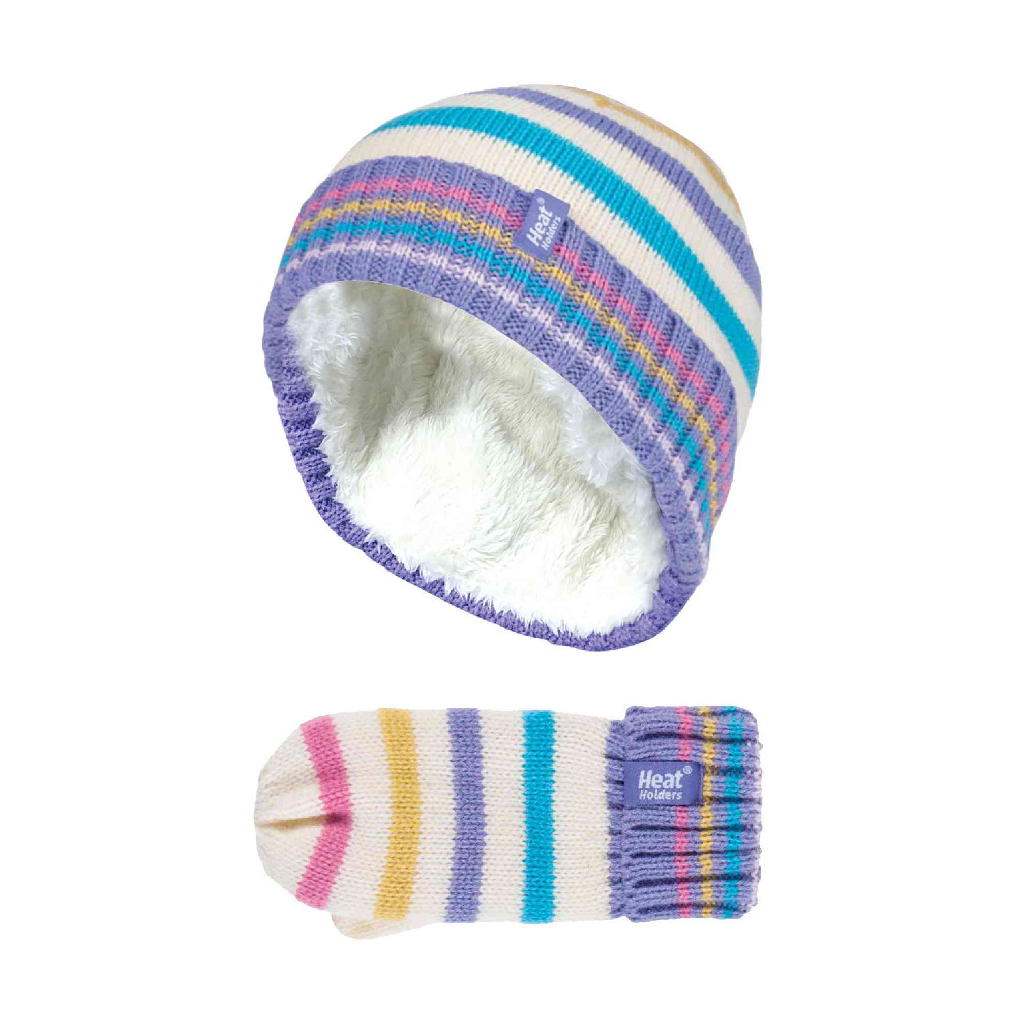 Kids Fleece Lined Knitted Striped Colourful Winter Thermal Hat & Mittens Set - Image 9