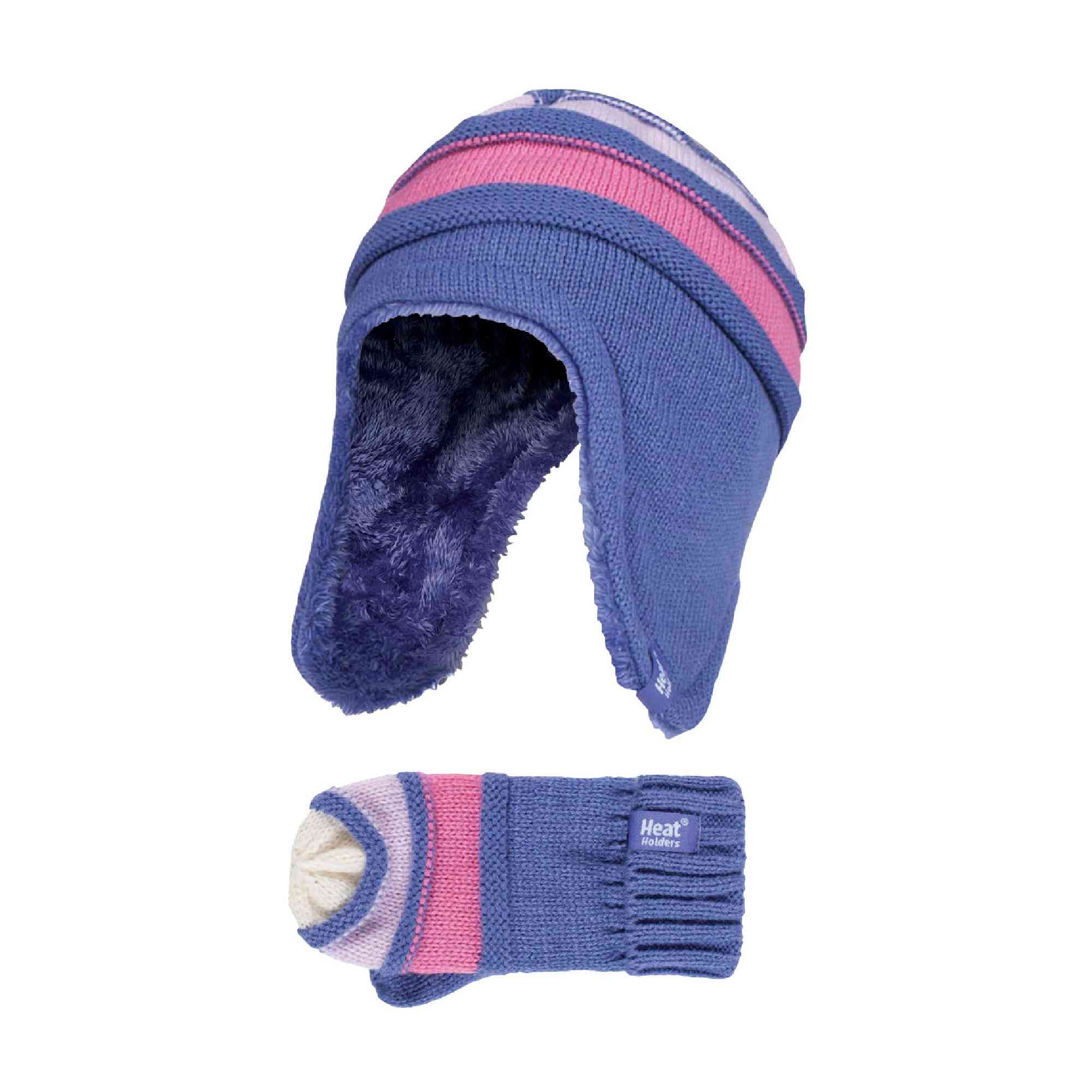 Kids Winter Warm Fleece Lined Thermal Beanie Hat & Mittens with Ear Flaps - Image 3