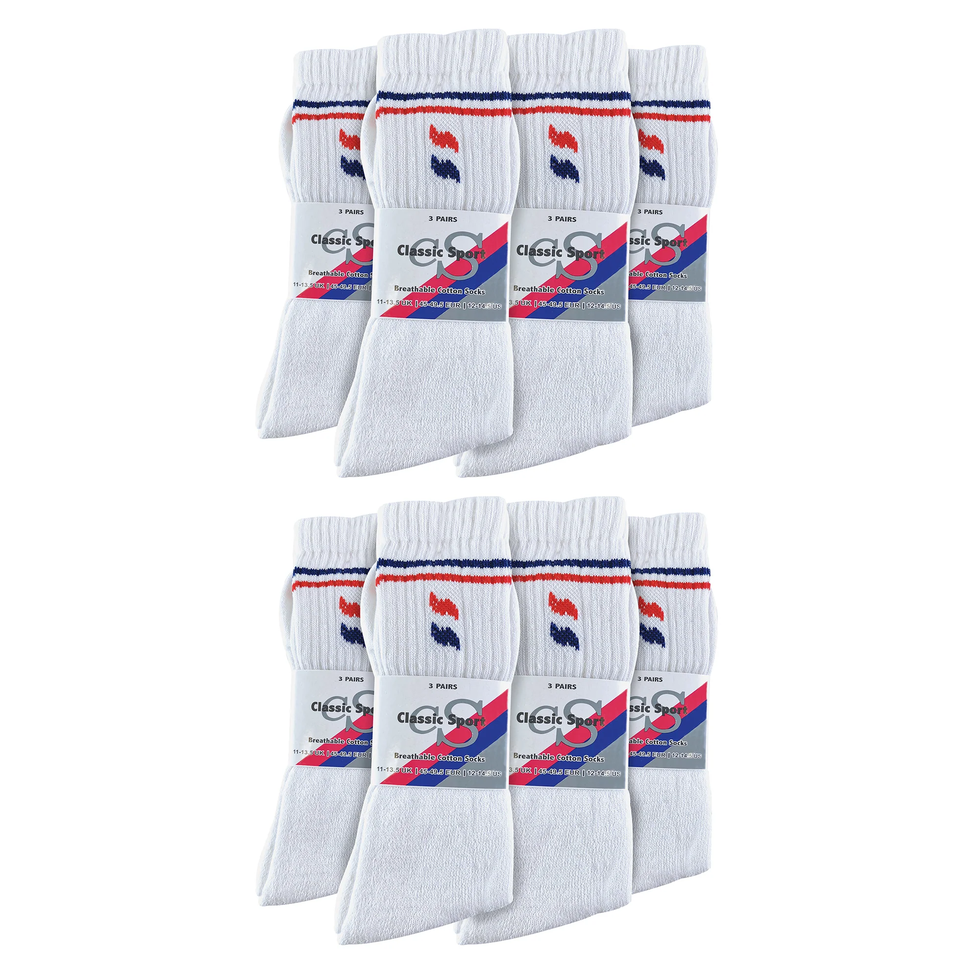 Mens Retro Stripe Cotton Sports Socks in White & Black (Multipack Options) - Image 10