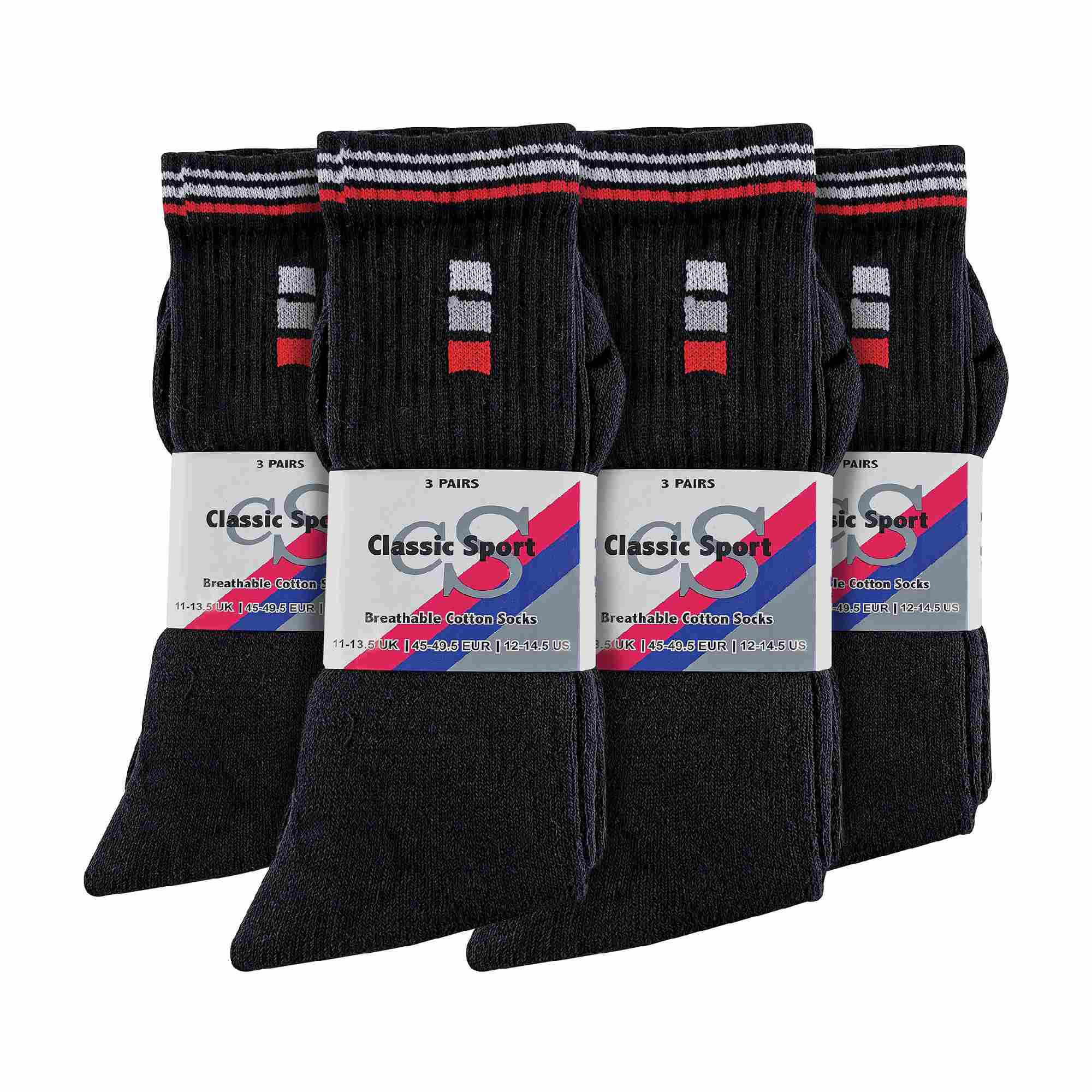 Mens Retro Stripe Cotton Sports Socks in White & Black (Multipack Options) - Image 19